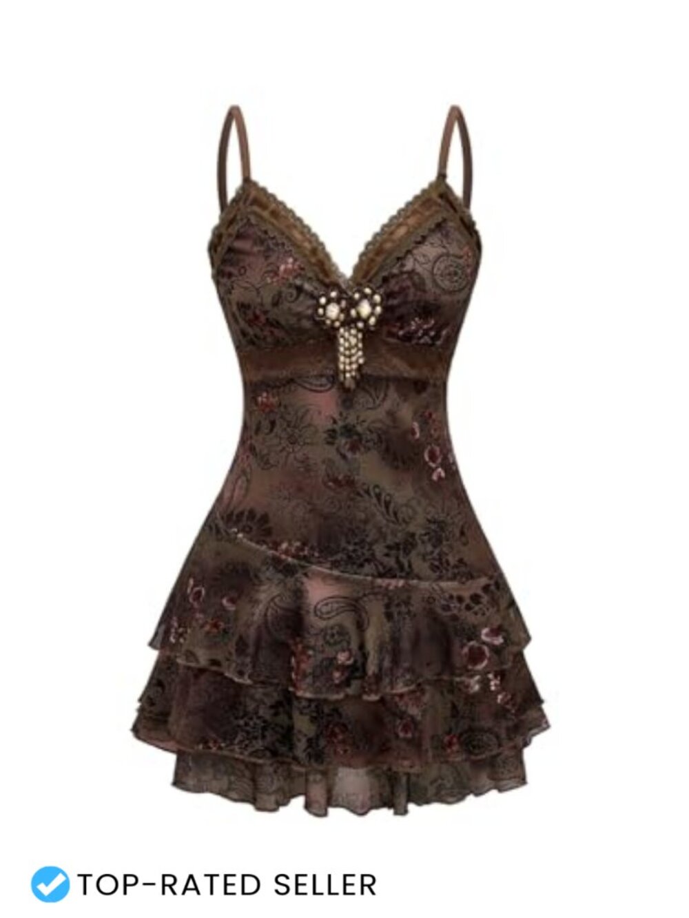 Y2K Gothic Beaded Lace Paisley Mini Dress Spaghetti Strap